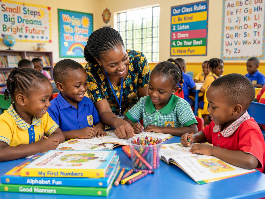 Nursery and primary school children learning with their teacher