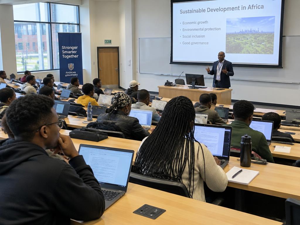 University students in a lecture hall with laptops